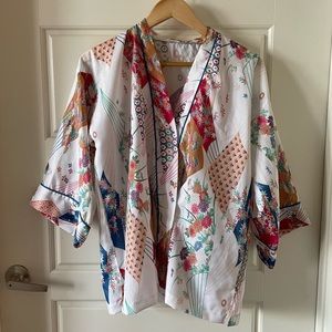 Handmade Vintage Kimono in Patchwork Floral Satin with Blue Trim Size XS-Small